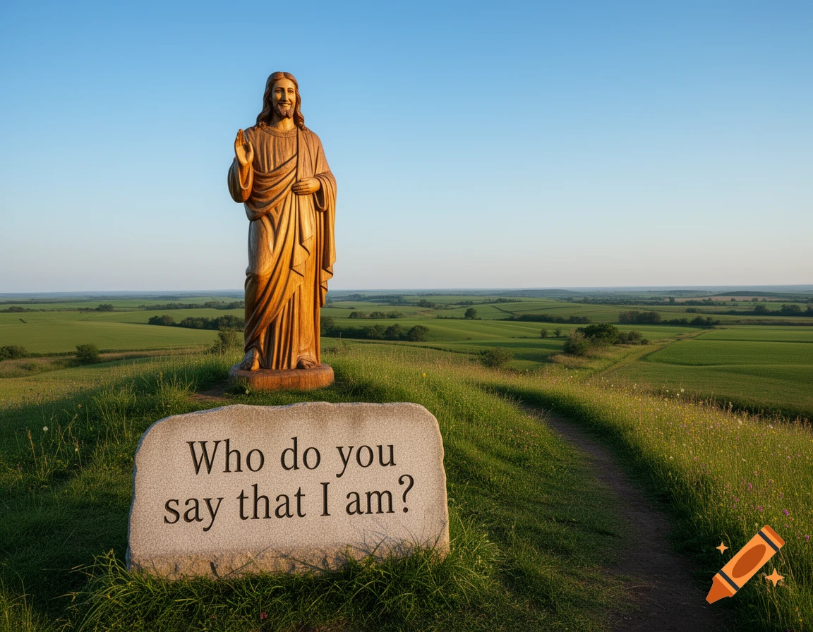 A wooden statue of Jesus stands on a grassy hill next to a stone inscribed "Who do you say that I am?", overlooking a green valley.
