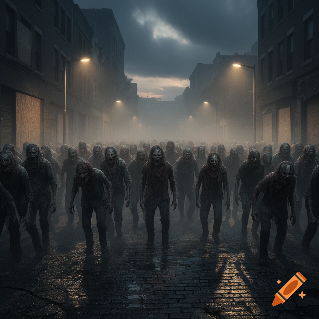 A massive horde of zombies shuffles down a dark, foggy city street at dusk, lit by glowing streetlights.
