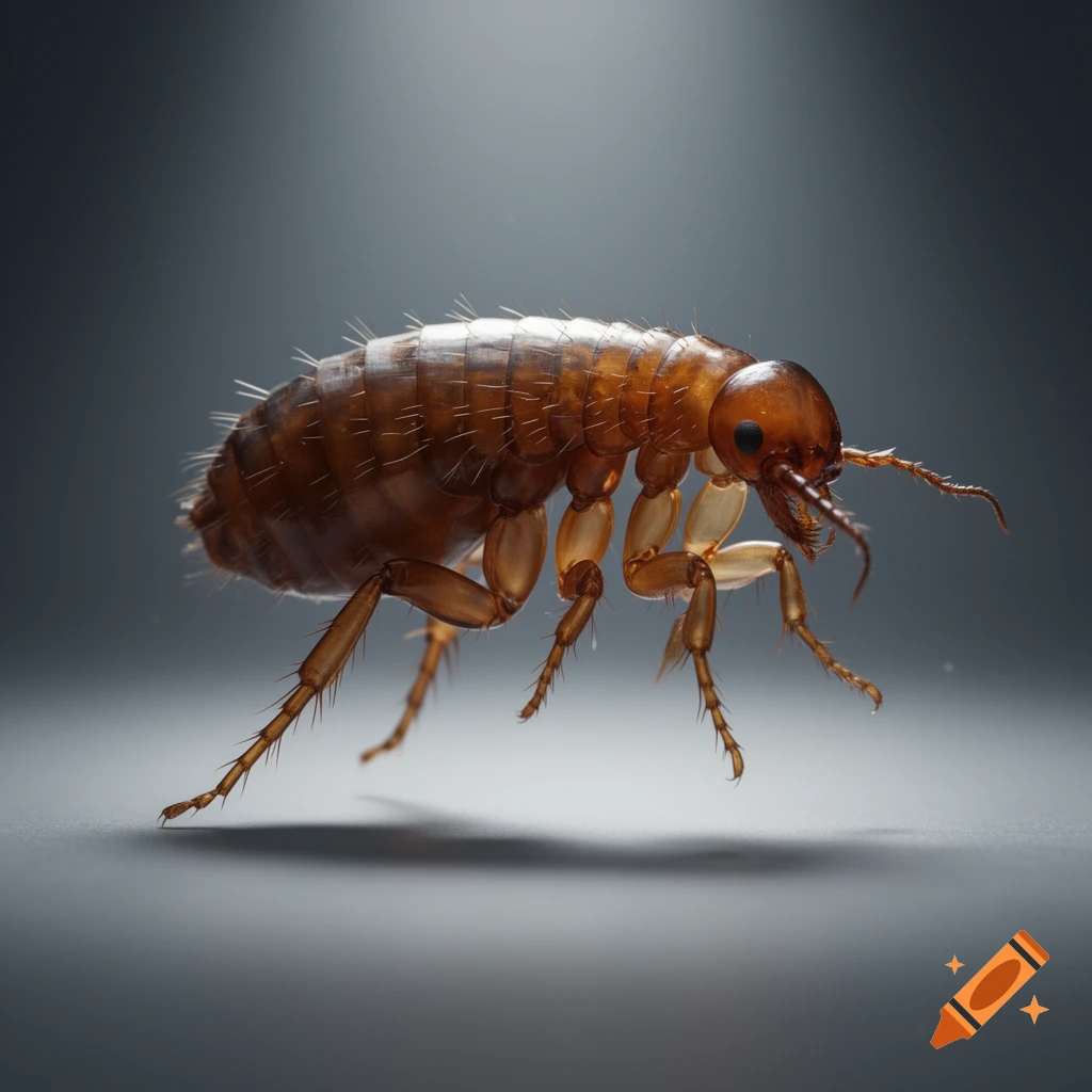 A detailed, photorealistic close-up of a brown flea from the side on a dark, gradient background.