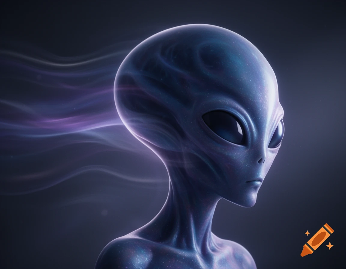 Close-up of a metallic blue-purple alien with large dark eyes, set against a dark background with ethereal purple light trails.