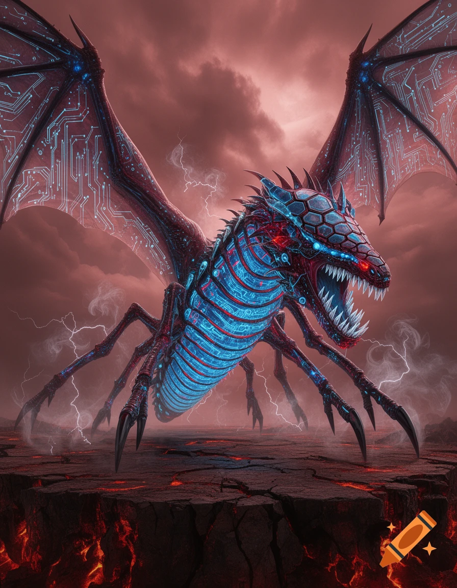 A menacing robotic-looking red and blue dragon with glowing circuit patterns on its body and wings, stands on cracked lava ground under a stormy red sky with lightning.
