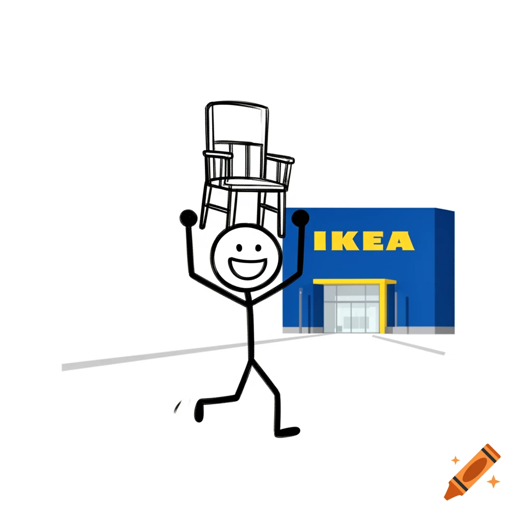 A happy stick figure runs from an IKEA store, carrying a small chair overhead in a simple drawing style.