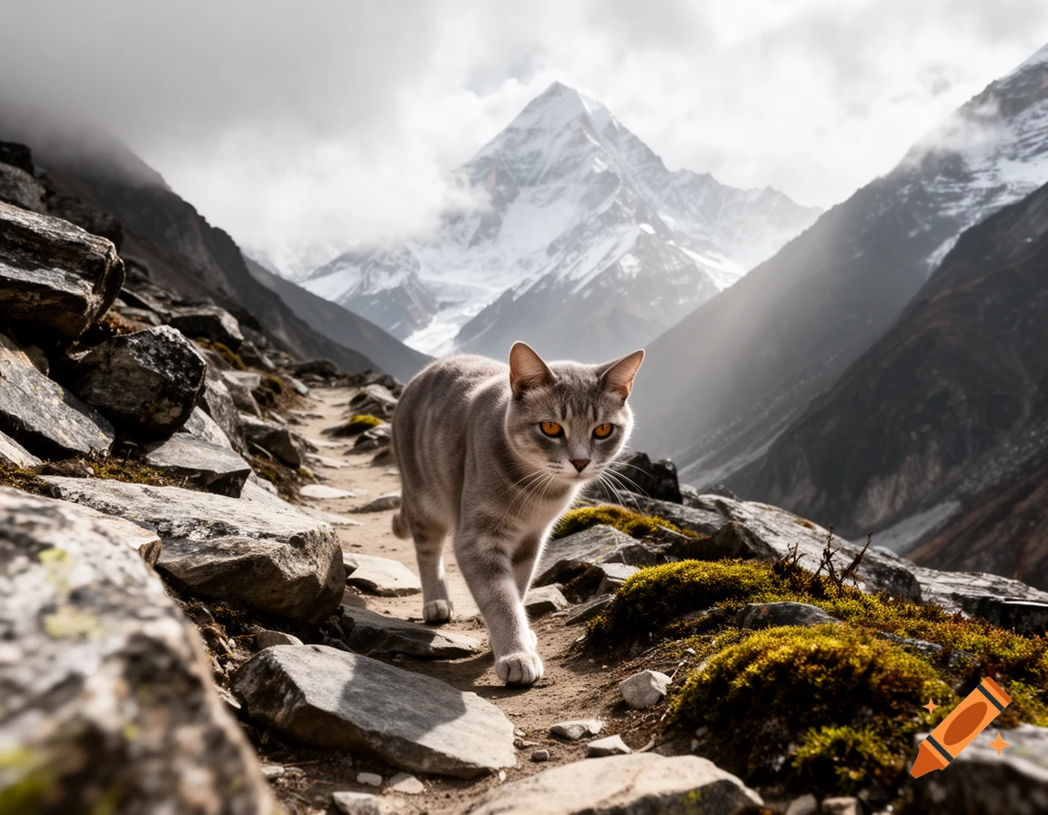 A gray striped cat walks on a rocky mountain path with snow-capped peaks and a cloudy sky in the background.