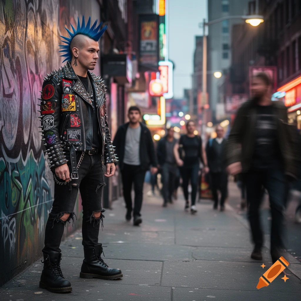 A man with a bright blue mohawk, studded leather jacket, ripped jeans, and boots stands on a city street with blurred pedestrians in the background. Photorealistic style.