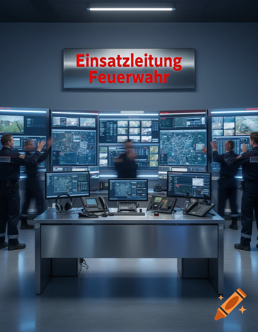 A dimly lit control room with large screens displaying maps, emergency workers, and a sign reading 'Einsatzleitung Feuerwehr' above a metallic desk.