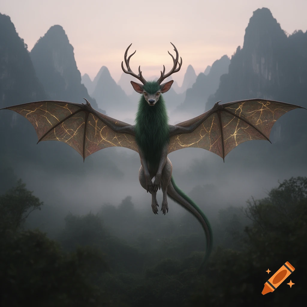 A green-maned wyvern-deer hybrid with antlers and large, golden-veined wings floats above a misty mountain landscape.