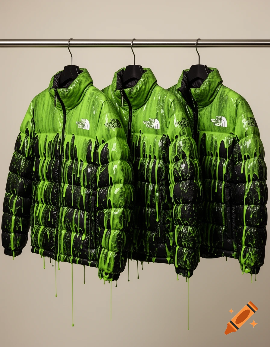 Three black North Face puffer jackets covered in dripping bright green slime hang on a metal rack.