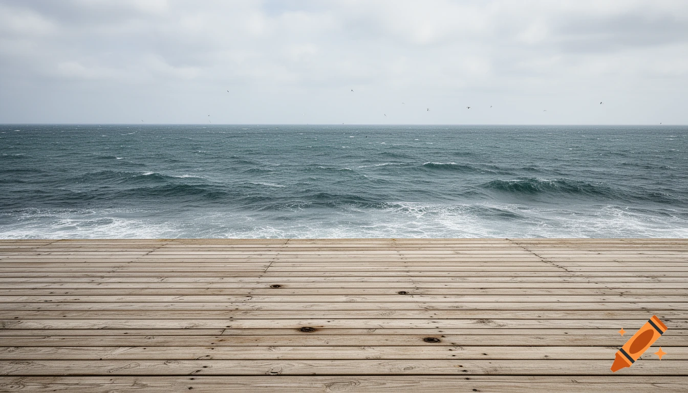 A wooden dock extends into a choppy grey sea under a cloudy sky.
