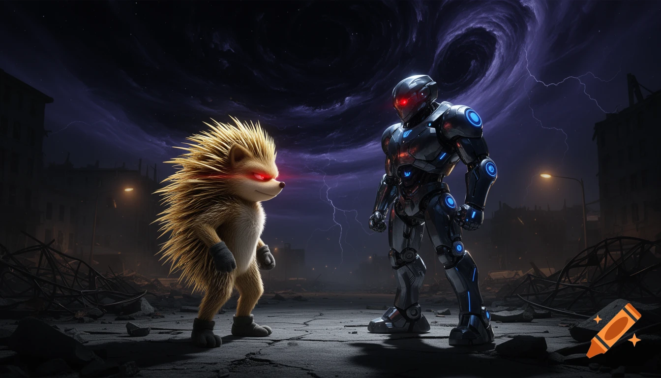 A hedgehog-like creature with glowing red eyes faces a metallic robot with glowing blue lights and red eyes in a ruined city under a stormy, vortex-filled sky.
