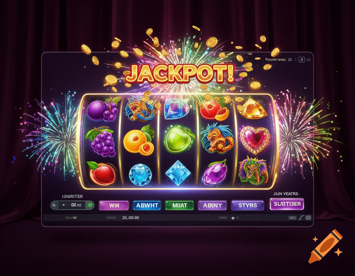 A vibrant digital slot machine interface with flashing lights, coins exploding, and the word "JACKPOT!" above colorful fruit, gem, and dragon symbols. The game buttons have some garbled text.