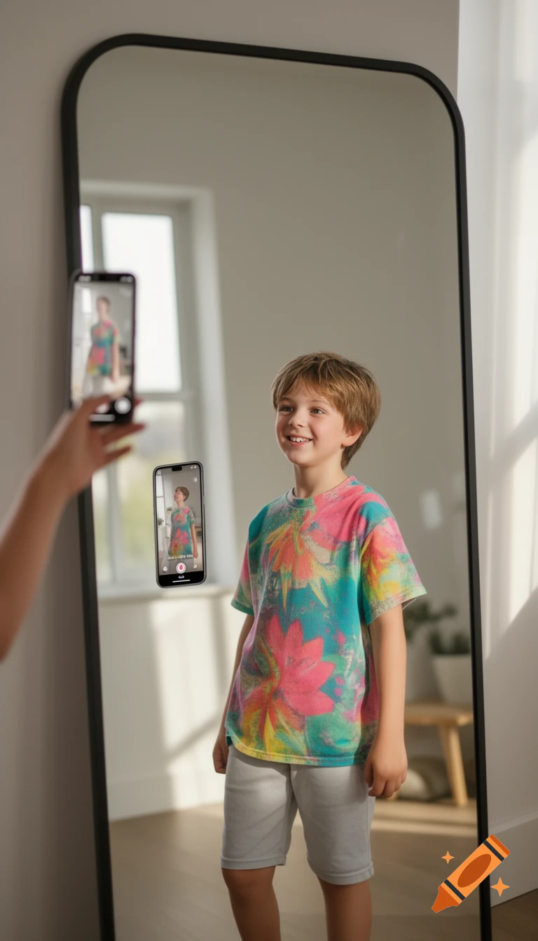 A smiling boy in a colorful tie-dye shirt poses in front of a mirror, with a hand holding a smartphone filming him and another phone floating with a boomerang video of him.