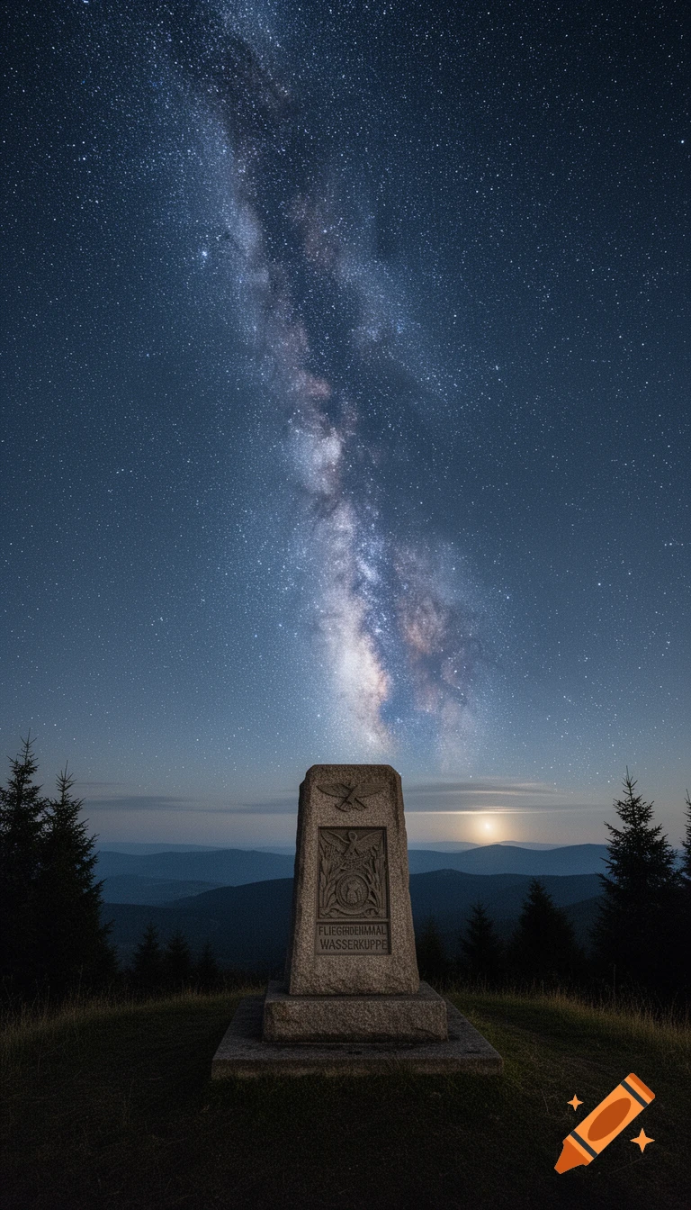 Fliegerdenkmal monument under the Milky Way, with mountains and trees in a dramatic night landscape.