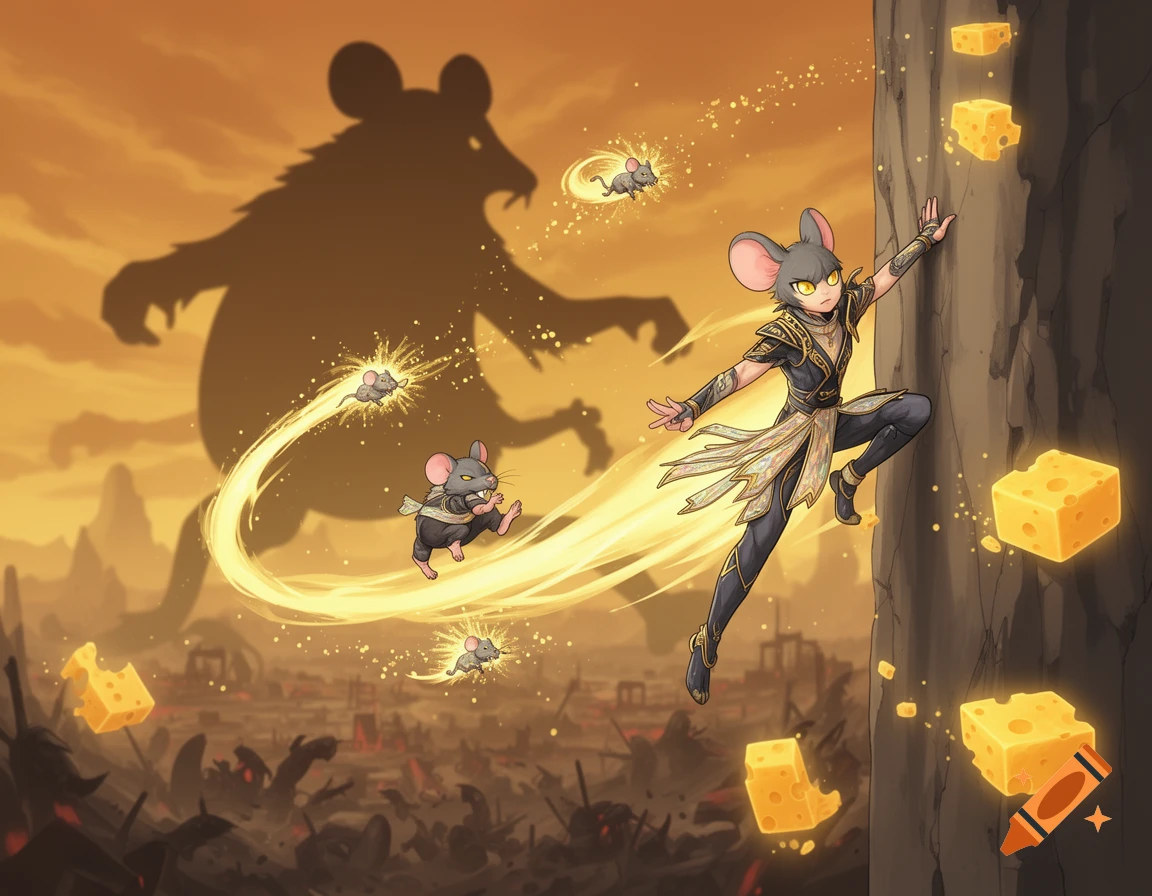 An anime mouse warrior climbs a wall with glowing mice and cheese. A giant mouse shadow looms over a ruined landscape at sunset.