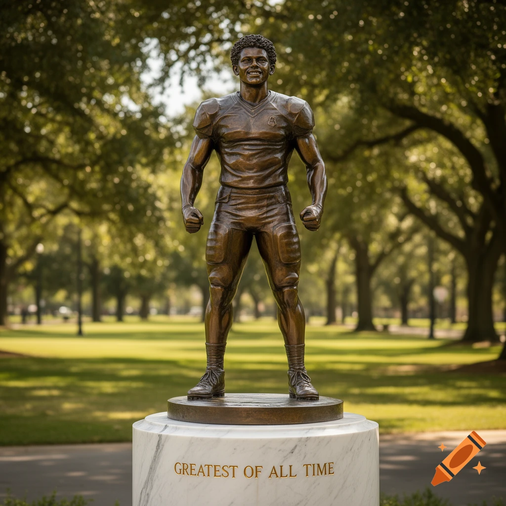 Photorealistic bronze statue of a smiling football player on a marble pedestal engraved with 'GREATEST OF ALL TIME' in a park.
