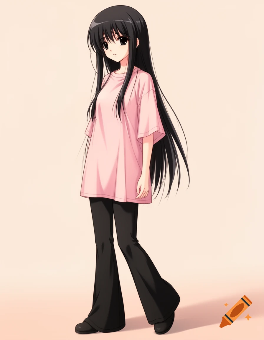 Anime girl with long black hair, wearing an oversized light pink t-shirt and black flare pants.