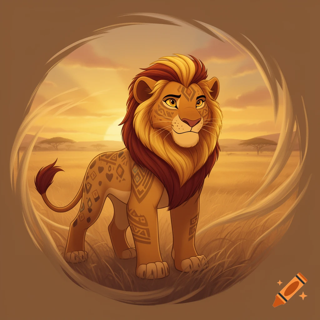A cartoon lion with a red and yellow mane and tribal patterns stands in a savanna at sunset, framed by a circular design.
