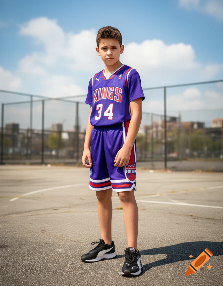 Young boy in a purple and red Sacramento Kings basketball uniform and black Puma sneakers stands on an outdoor court.