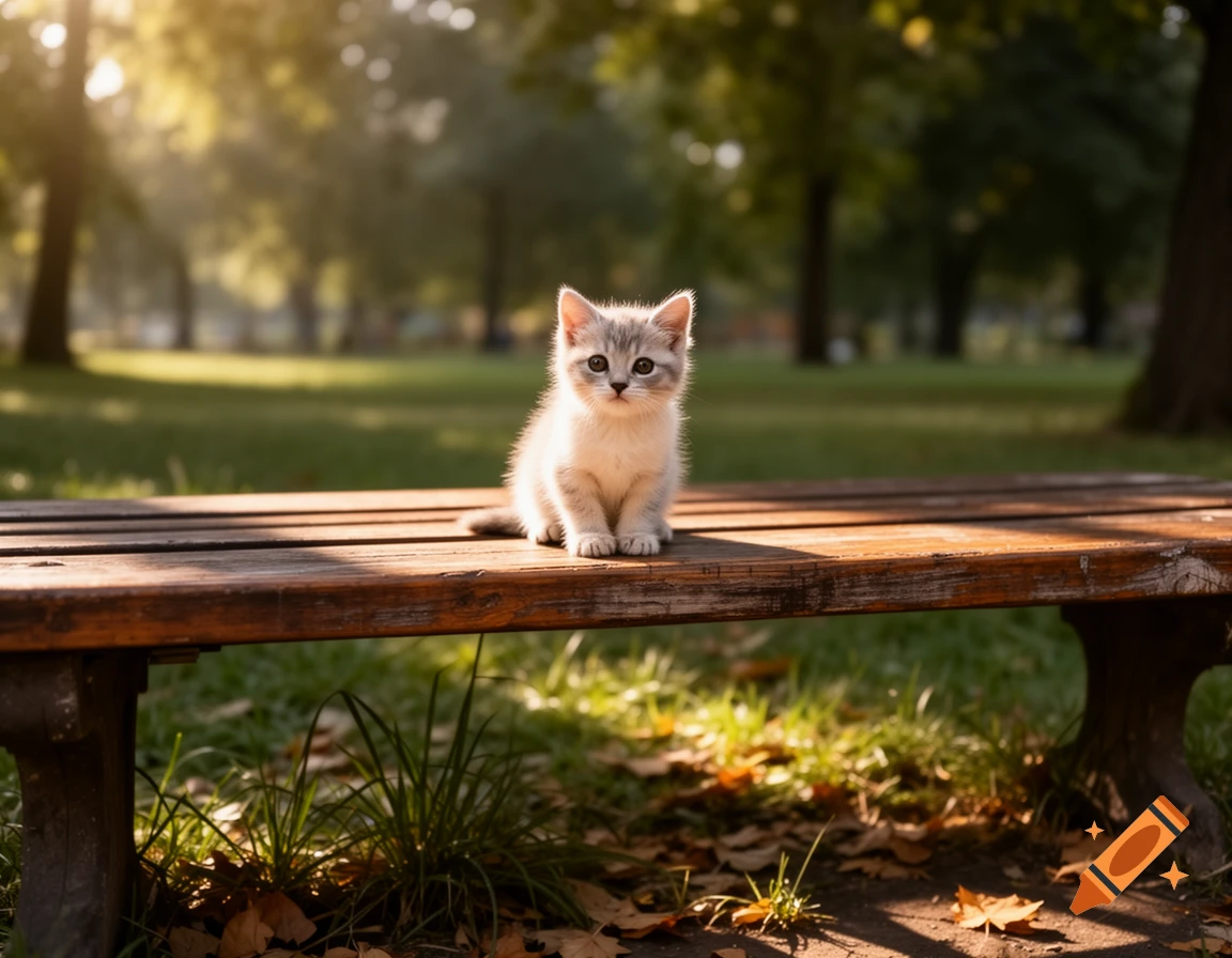 A photorealistic kitten sits on a wooden park bench, bathed in golden sunlight.