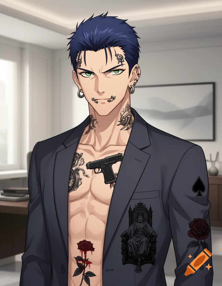 An anime-style man with dark blue hair, green eyes, and multiple facial piercings and tattoos, wearing an open business jacket.