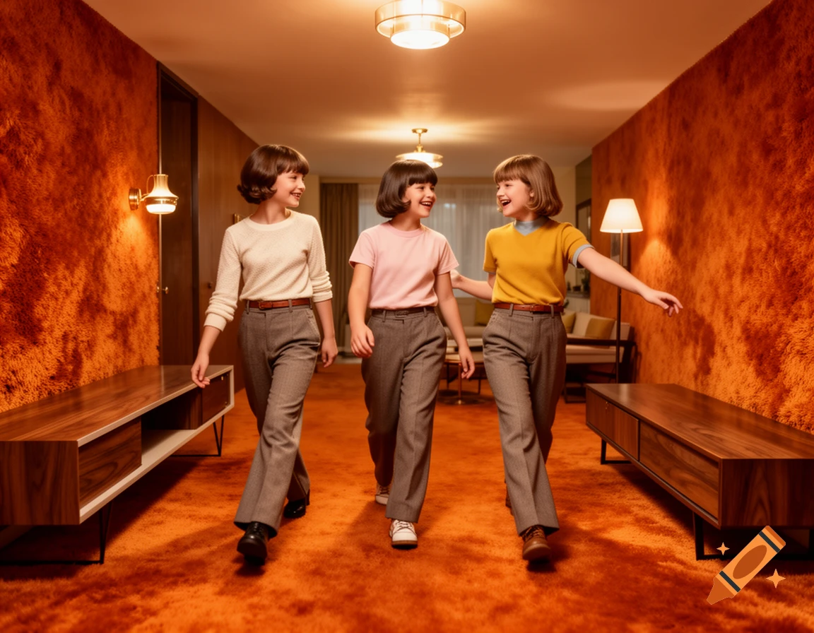 Three tomboy girls in retro outfits walk and laugh in a 1960s mid-century modern hallway with burnt orange carpet.
