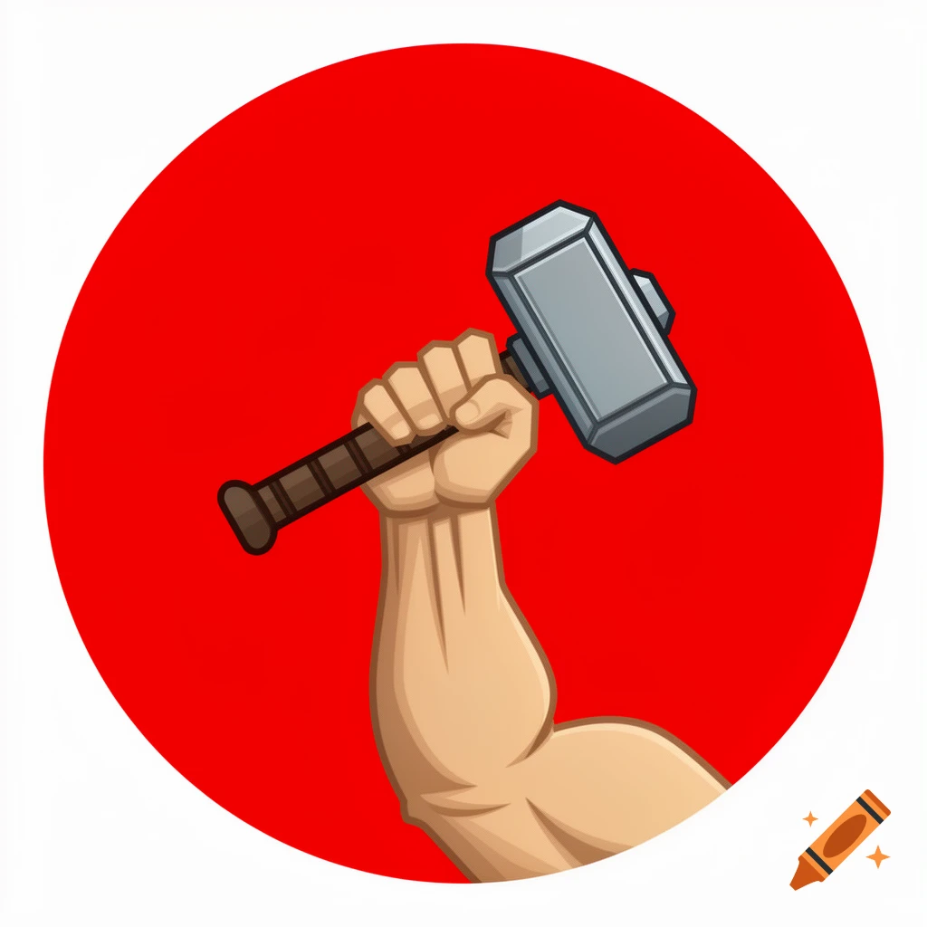 A muscular arm holding a warhammer raised against a round red background, in a cartoon style.