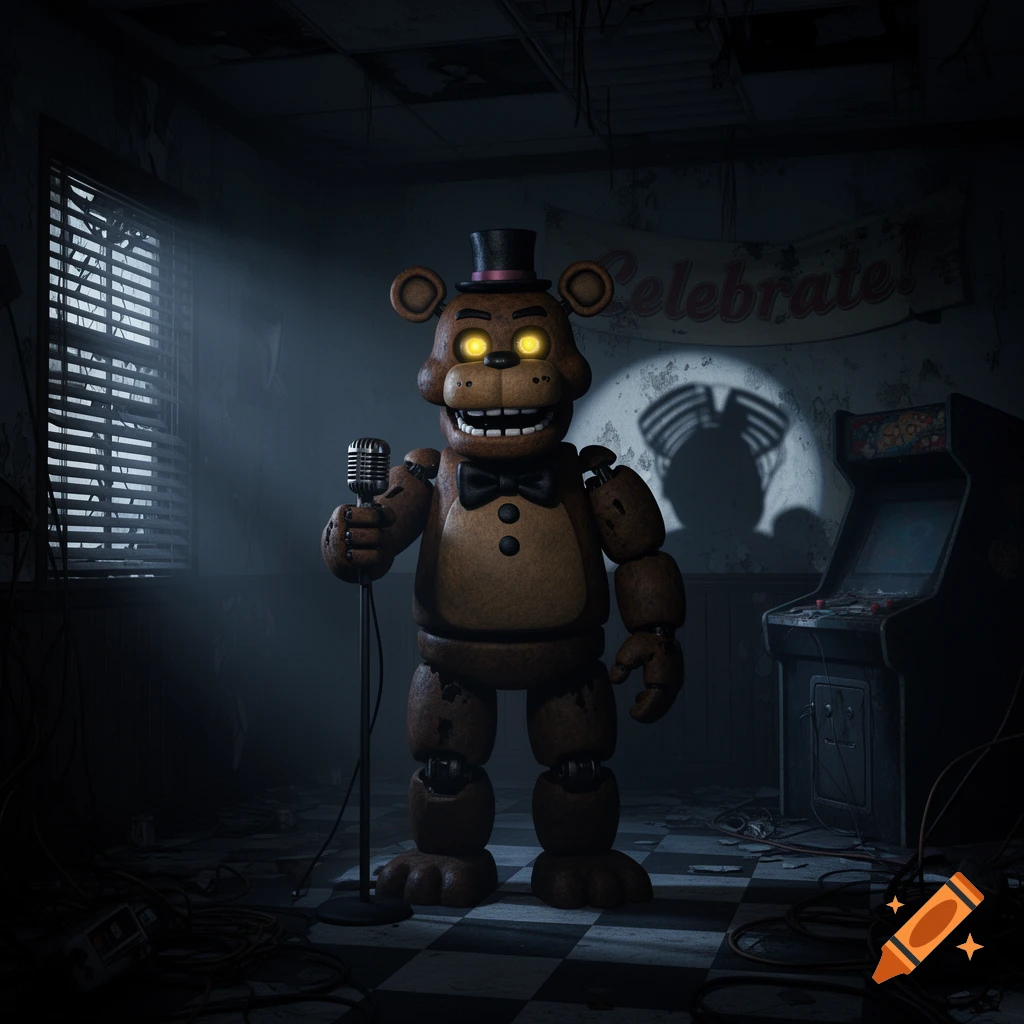 Freddy Fazbear, a brown animatronic bear, holds a microphone in a dark, abandoned room with a 'Celebrate!' banner.