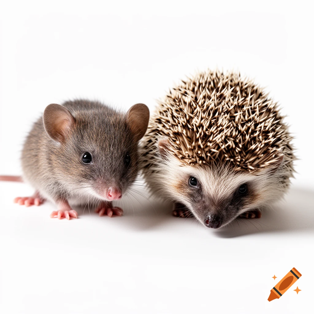 A small brown mouse and a hedgehog with visible spines stand side-by-side on a plain white background, looking forward.
