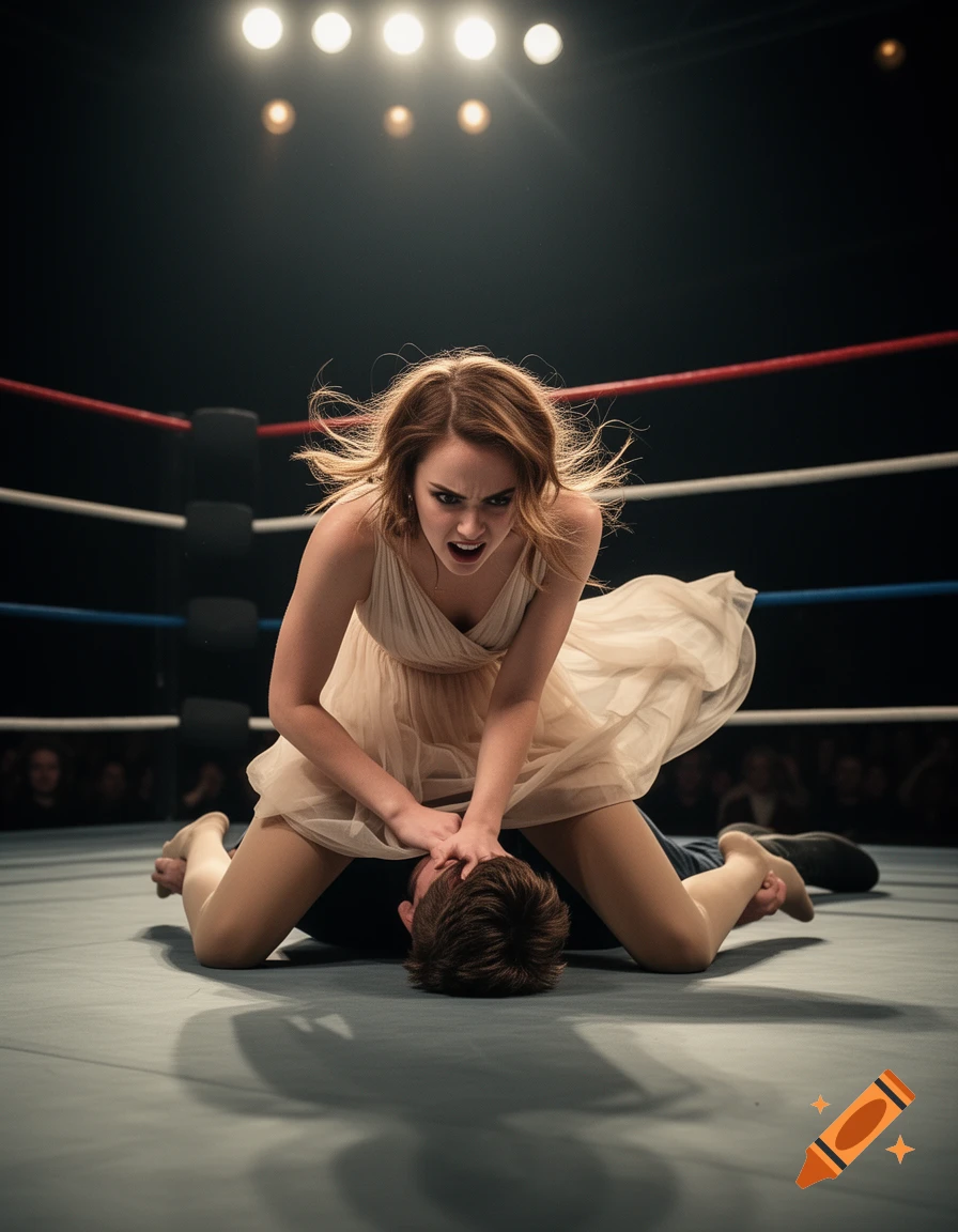 A woman in a dress aggressively pins a man to the mat in a wrestling ring, looking intensely at the camera.