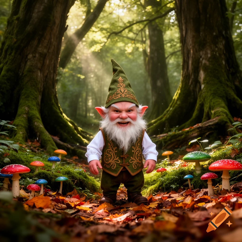 A grumpy gnome with a white beard and green hat stands on a forest floor surrounded by colorful mushrooms and autumn leaves.