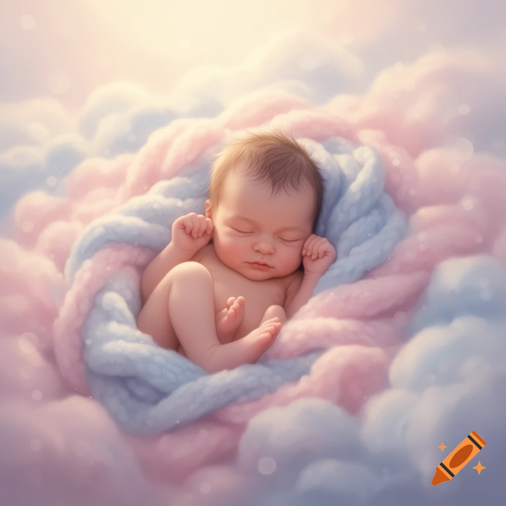 Sleeping newborn baby wrapped in a pink and blue blanket, nestled in soft pastel clouds.
