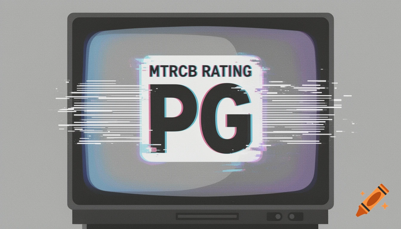 A vintage TV screen displays a white square with black text reading 'MTRCB RATING PG', surrounded by glitch and VHS effects.