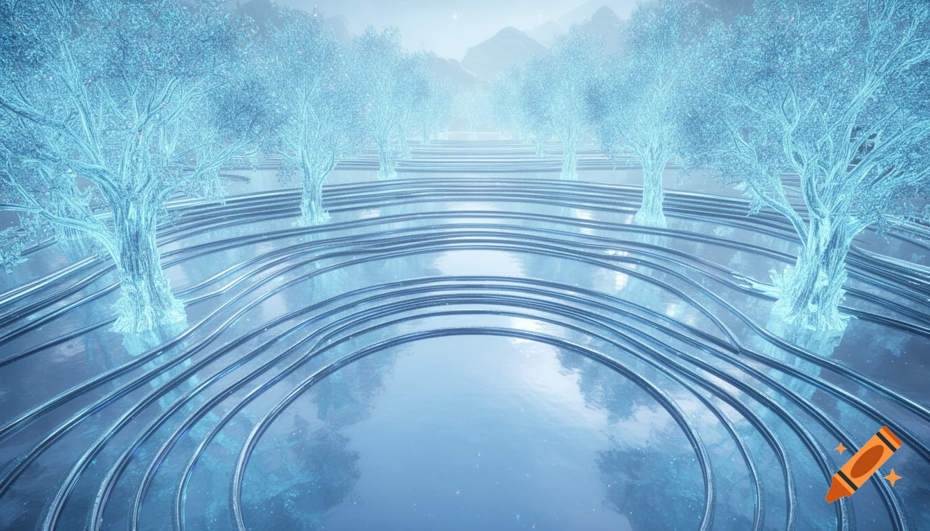Photorealistic sci-fi landscape with glowing blue trees lining terraced semi-circular pools under an ethereal light.
