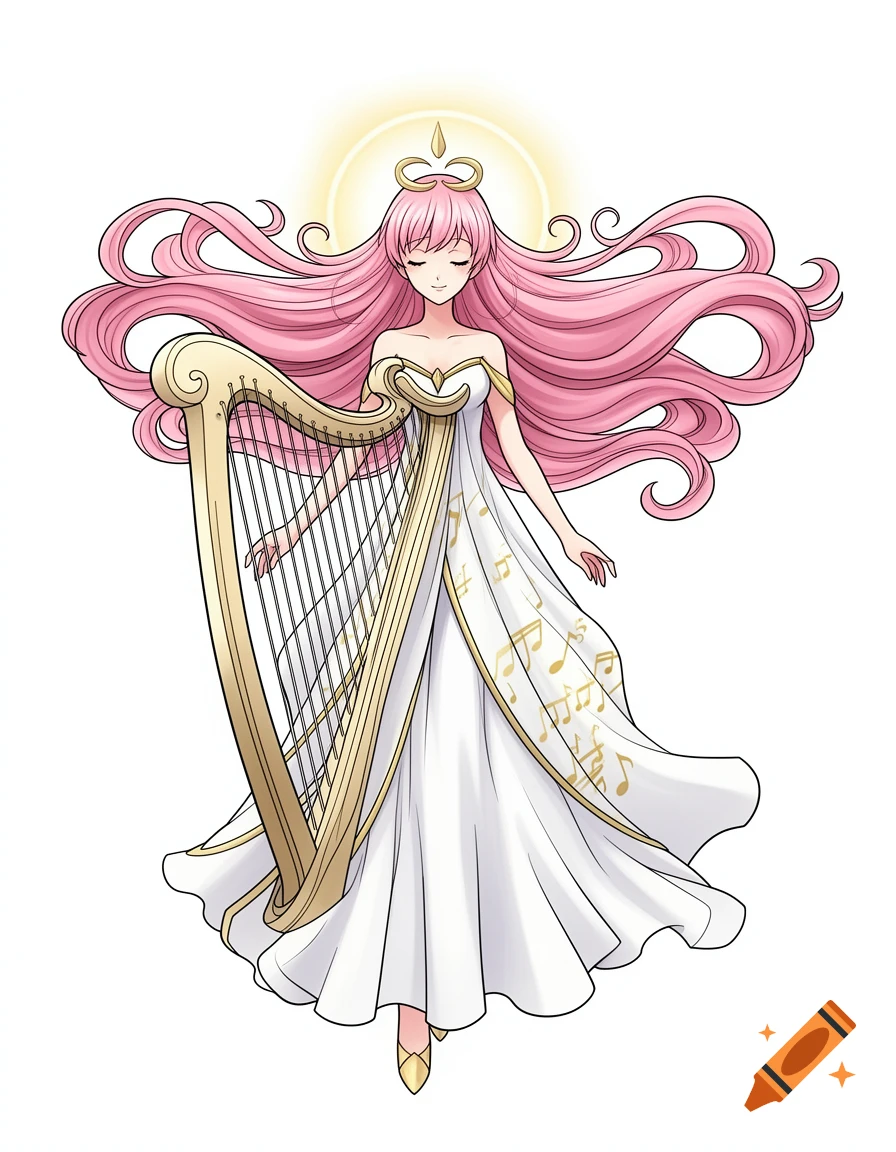 An anime music goddess, Harmonia, with pink hair, holding a golden harp, wearing a white and gold dress with musical notes, floating with a halo.