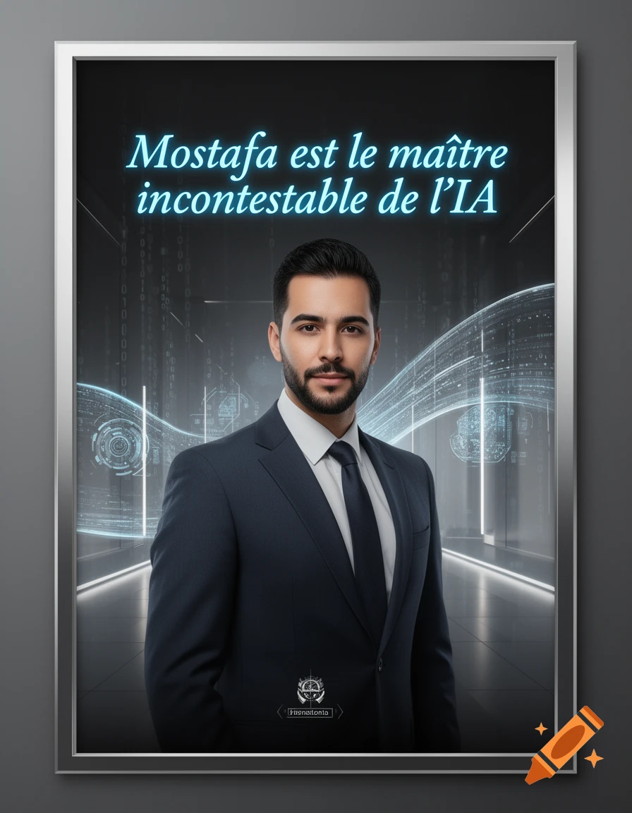 Photorealistic portrait poster of a man in a suit against a futuristic background with glowing blue lines, text 'Mostafa est le maître incontestable de l'IA'.
