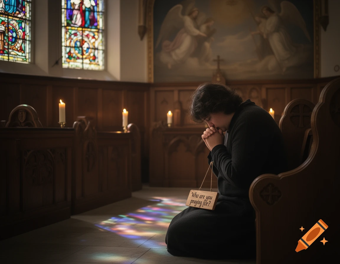 A person kneels in a dimly lit church with stained glass windows, hands clasped in prayer, holding a sign that asks "Who are you praying for?"