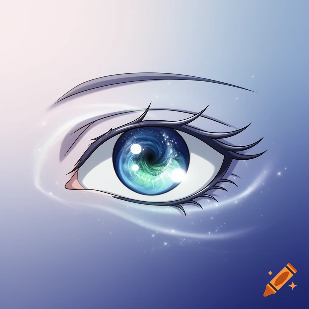 Close-up of a stylized anime eye with a swirling blue and green galaxy in the iris, sparkling against a soft blue and purple background.