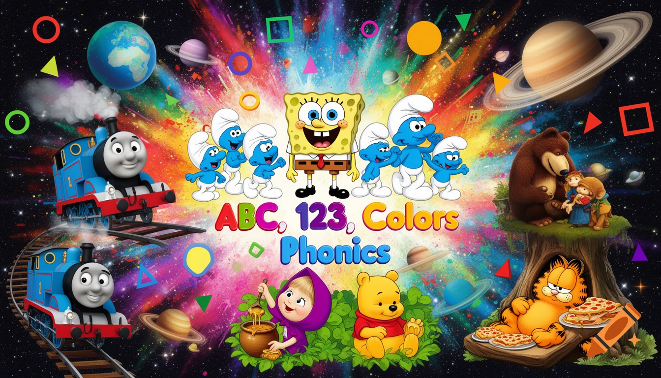 Vibrant cartoon mashup in space with Thomas the Tank Engine, SpongeBob, Smurfs, Winnie the Pooh, Masha, and Garfield, featuring 'ABC, 123, Colors, Phonics' text.