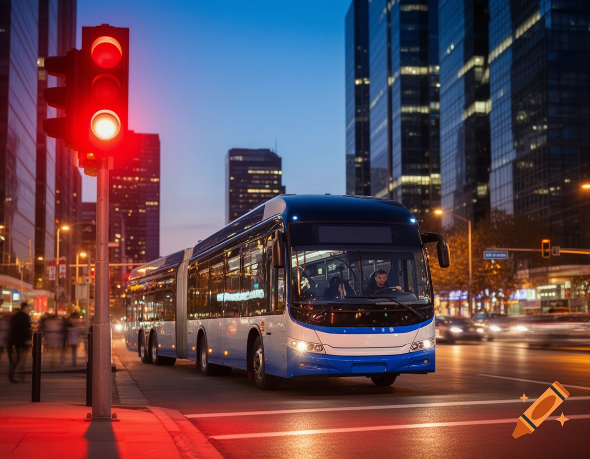 A modern articulated bus waits at a red traffic light on a city street at dusk, surrounded by illuminated skyscrapers.