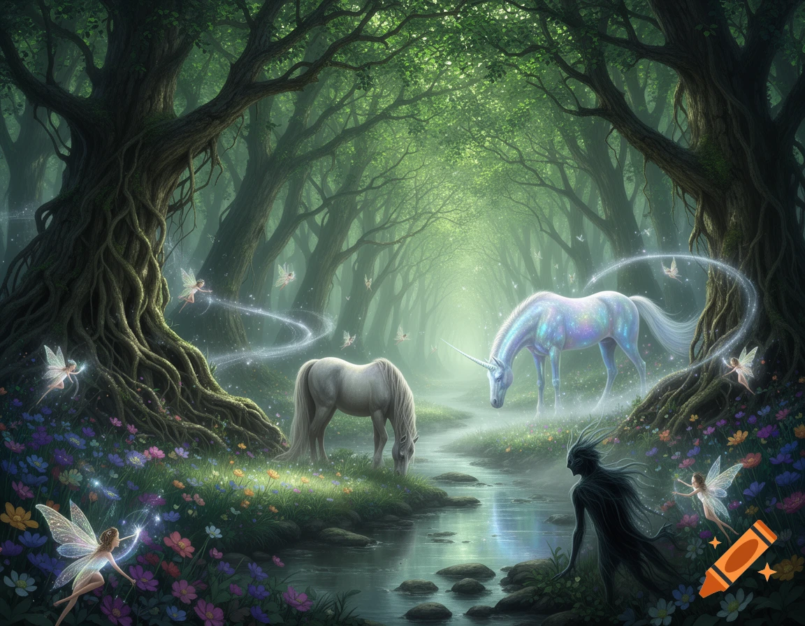 Two unicorns, fairies, and a shadowy figure in a glowing, mystical forest with a stream.