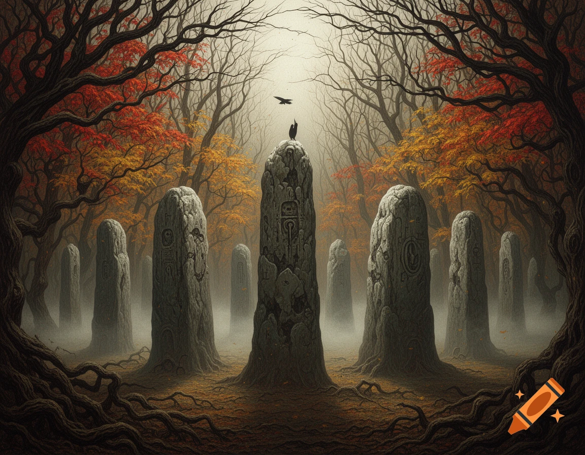 Ancient standing stones with carvings in a misty, dark autumn forest with gnarled trees and a raven perched on a central stone.