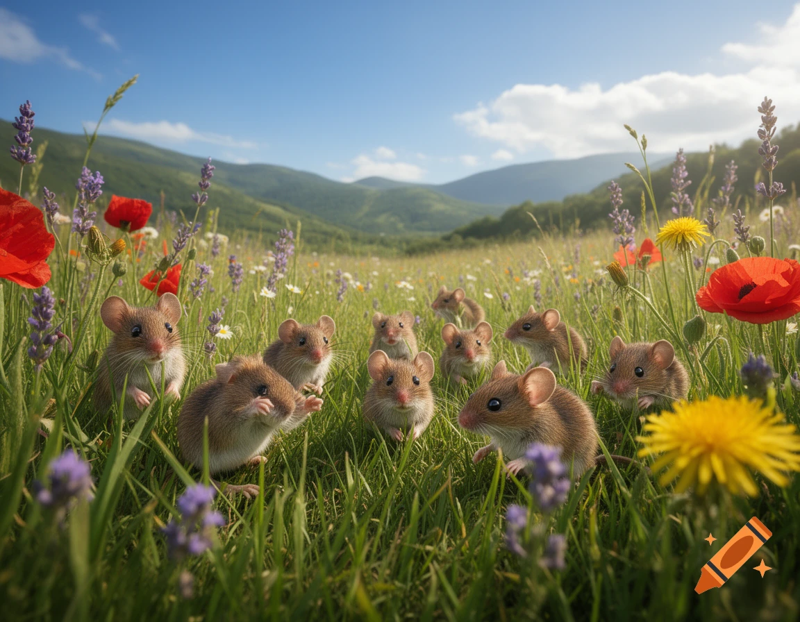 Ten small field mice gather and play in a sunlit meadow filled with colorful wildflowers and green hills.