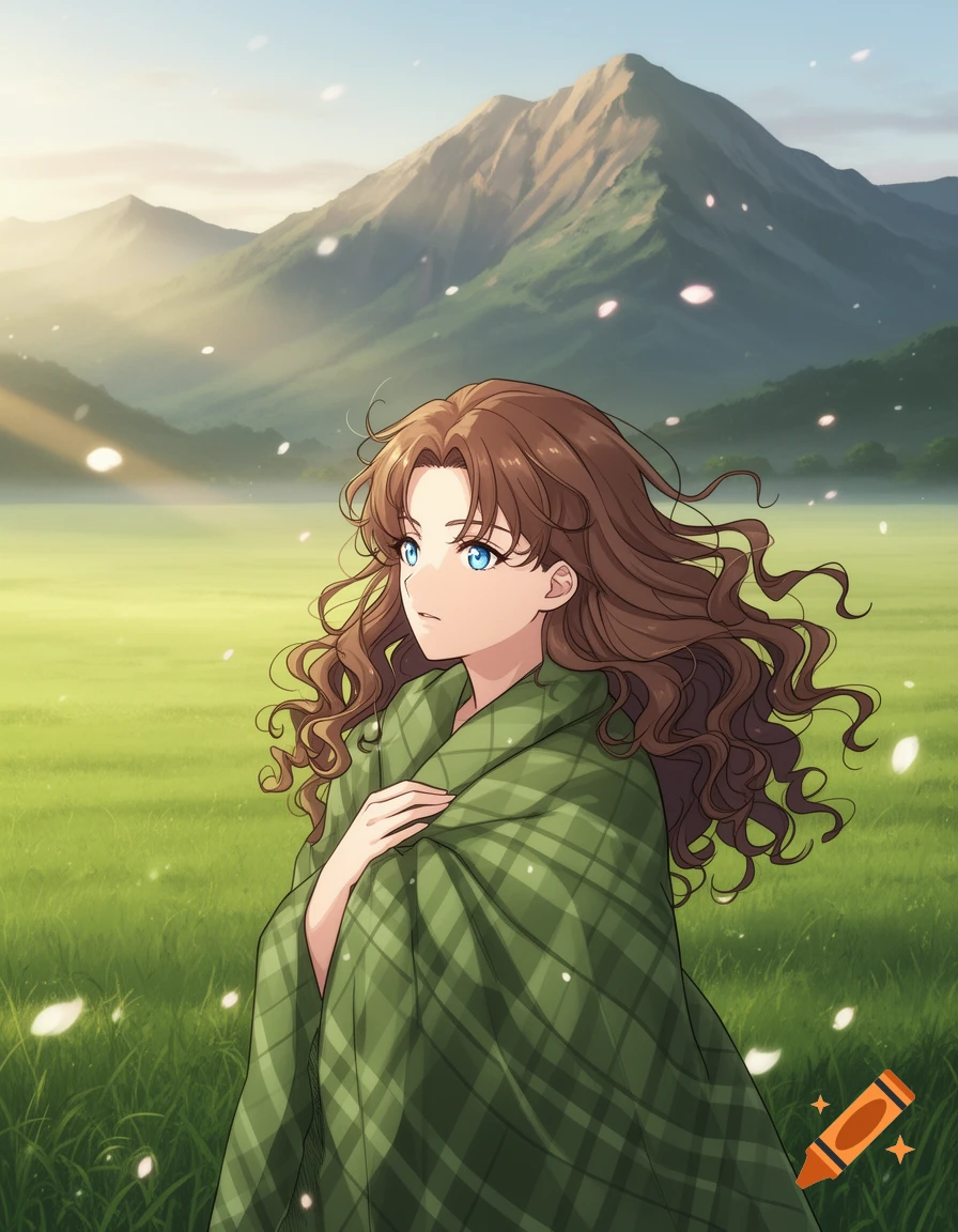 An anime illustration of a young woman with brown curly hair and blue eyes, wrapped in a green plaid blanket, standing in a grassy field with mountains in the background.