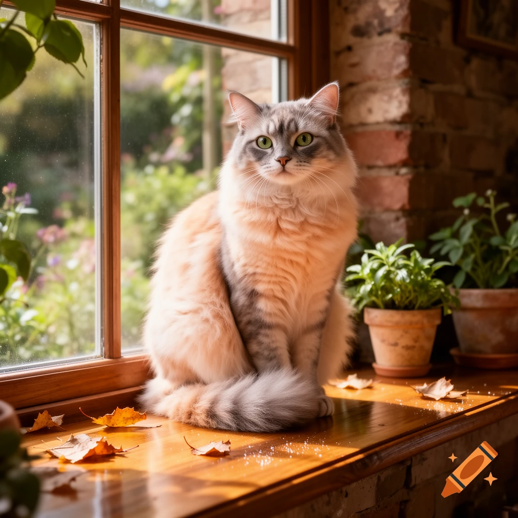 A fluffy cat with green eyes sits on a sunlit wooden windowsill, with autumn leaves, potted plants, and an outdoor garden visible through the window.