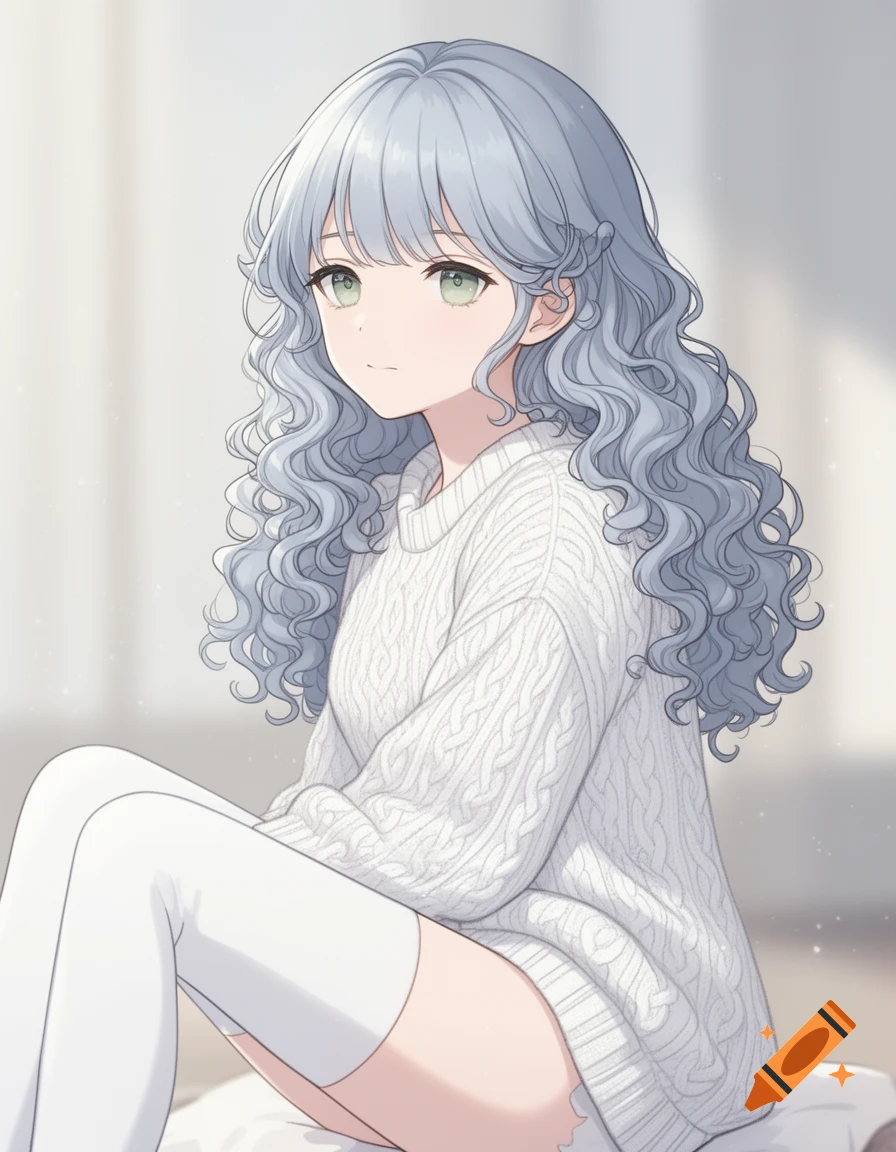 Anime girl with pale blue curly hair and green eyes, wearing an oversized white knit sweater and thigh-high white socks, sitting indoors.