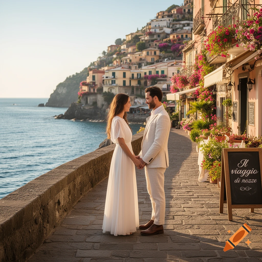 A couple in wedding attire holding hands on a cobblestone path overlooking the sea and a hillside town with colorful buildings and flowers.