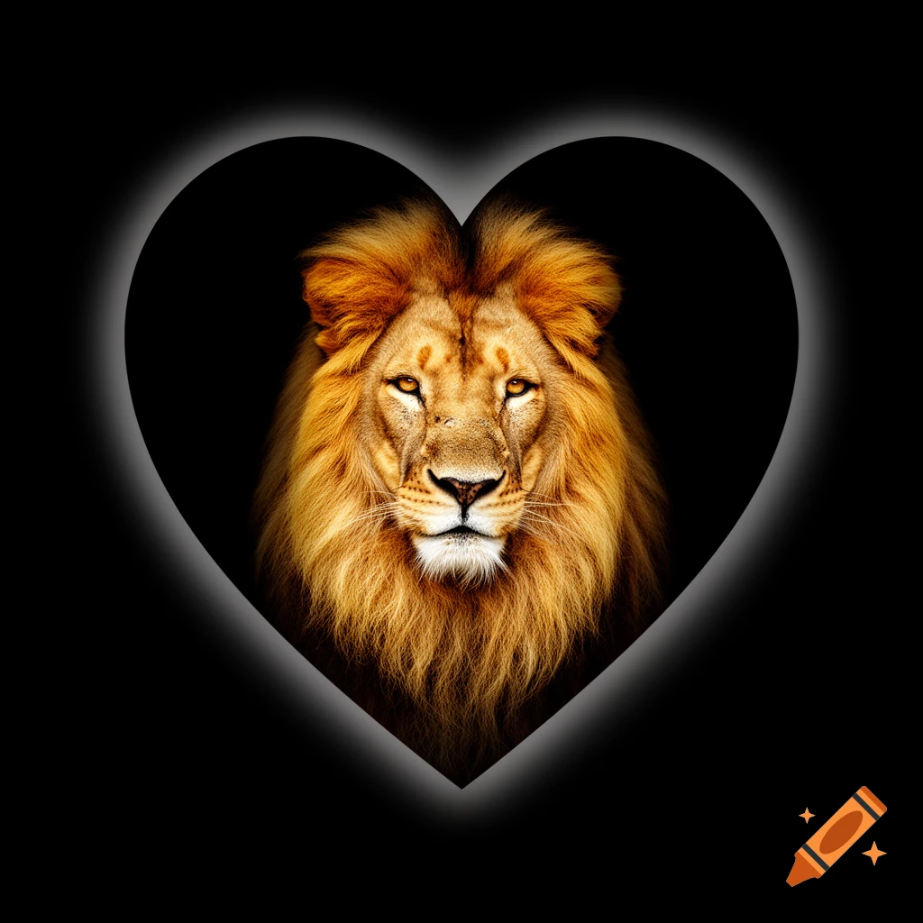 A majestic lion's head and mane centered within a glowing white heart shape, set against a black background.