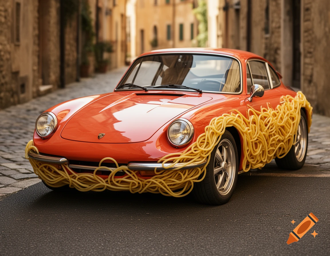 A vintage orange Porsche car, completely covered in spaghetti, parked on a cobblestone street in a European old town.