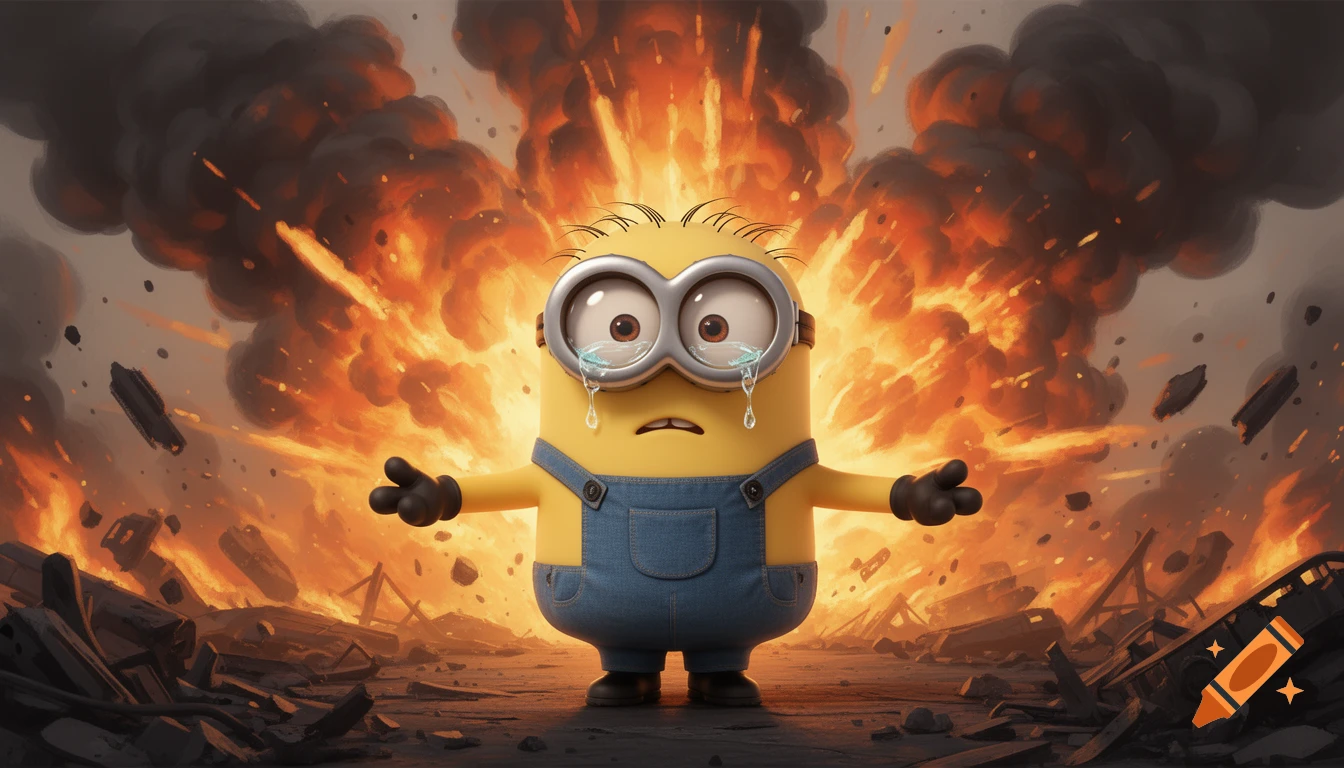 A crying Minion with goggles stands in a destroyed landscape with a massive explosion behind it.