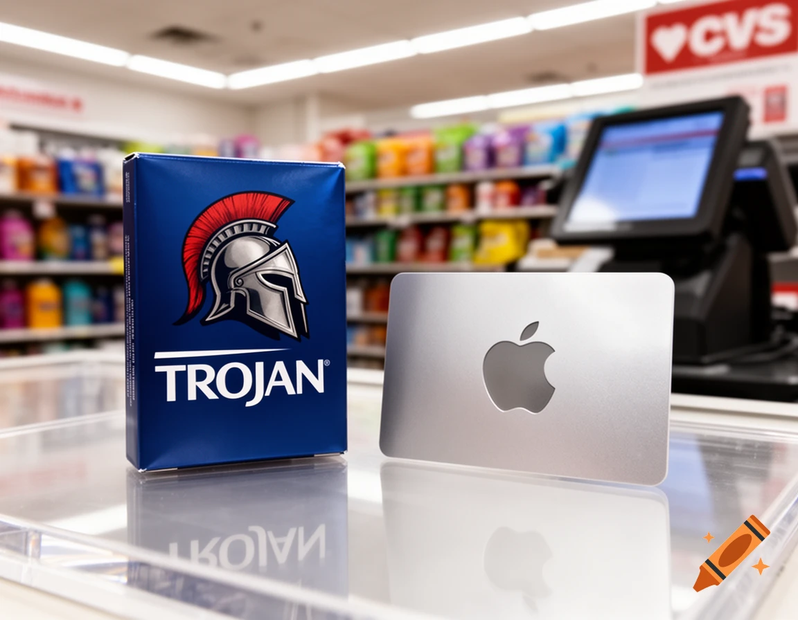A Trojan condom box next to an Apple gift card on a CVS counter in a photorealistic style.