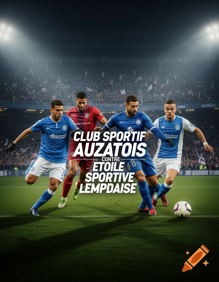 Promotional poster for a football match, featuring four players on a stadium field with text overlay.